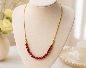 Red dainty crystal beaded necklace, Bright red delicate necklace,