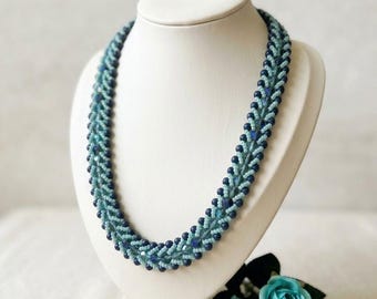 Blue beaded statement necklace, Teal and navy handmade pearl necklace