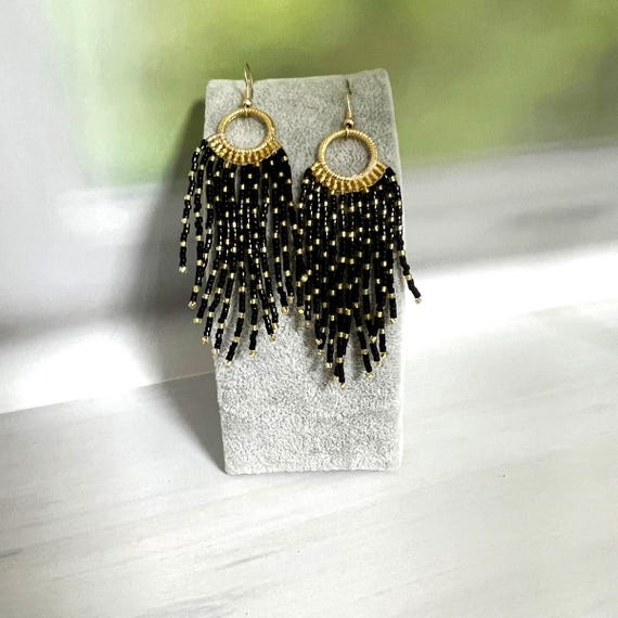 Black Dangle Fringe Earrings, Black and Gold Long Hoop Earrings