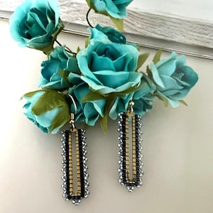 Blue and gold long earrings, Dangle earrings for women, Delicate and elegant iris blue earrings, Stylish modern earrings, Gift for wife, mom
