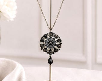 Grey beaded mandala pendant necklace, Black statement pendant
