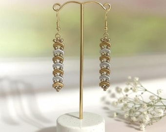 Gold and silver beaded dangle earrings, Long modern statement earrings for women