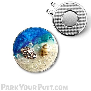 Women&#39;s Golf Gift Idea - Unique Beach Theme Golf Ball Marker made with REAL shells and sand!  The PERFECT ladies golf tournament gift idea!