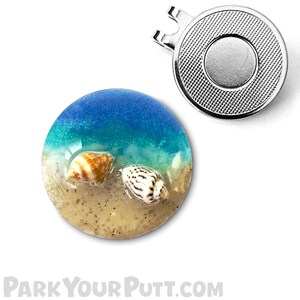 Unique Gift Idea!  Beach Theme Golf Ball Marker made with REAL shells and sand!  The PERFECT golf themed gift for the golfer in your life.