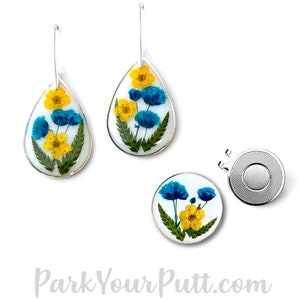 Unique Women&#39;s Golf Gift Idea! - Golf Ball Marker with Magnetic Hat Clip, and Matching Earrings.  Hand made with REAL dried pressed flowers