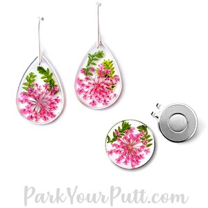 Unique Women&#39;s Golf Gift Idea! - Golf Ball Marker with Magnetic Hat Clip, and Matching Earrings.  Hand made with REAL dried pressed flowers