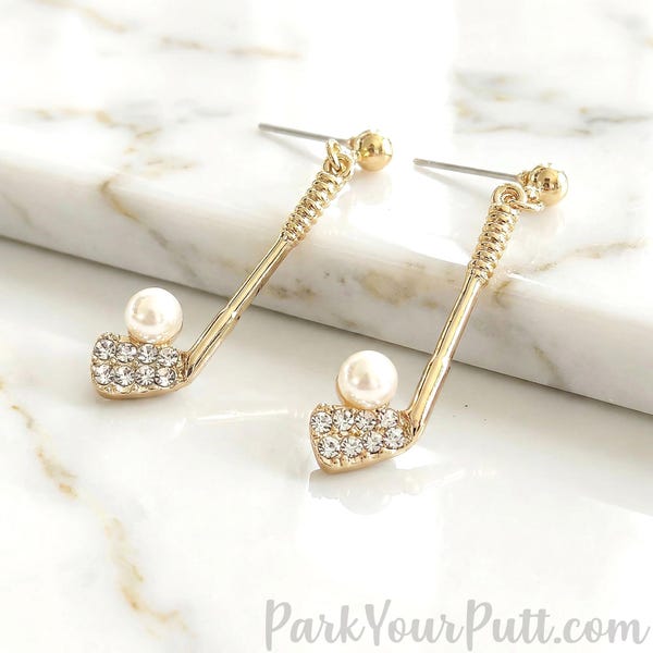 Gold Golf Club Earrings with Rhinestone Crystals and Pearl Golf Ball - Golf Gift Idea for Women Golfers - Sports Theme Jewelry