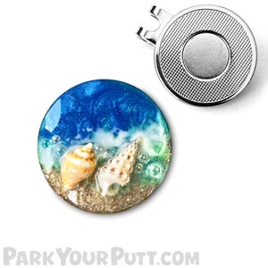 Unique Gift Idea!  Beach Theme Golf Ball Marker made with REAL shells and sand!  The PERFECT golf themed gift for the golfer in your life.