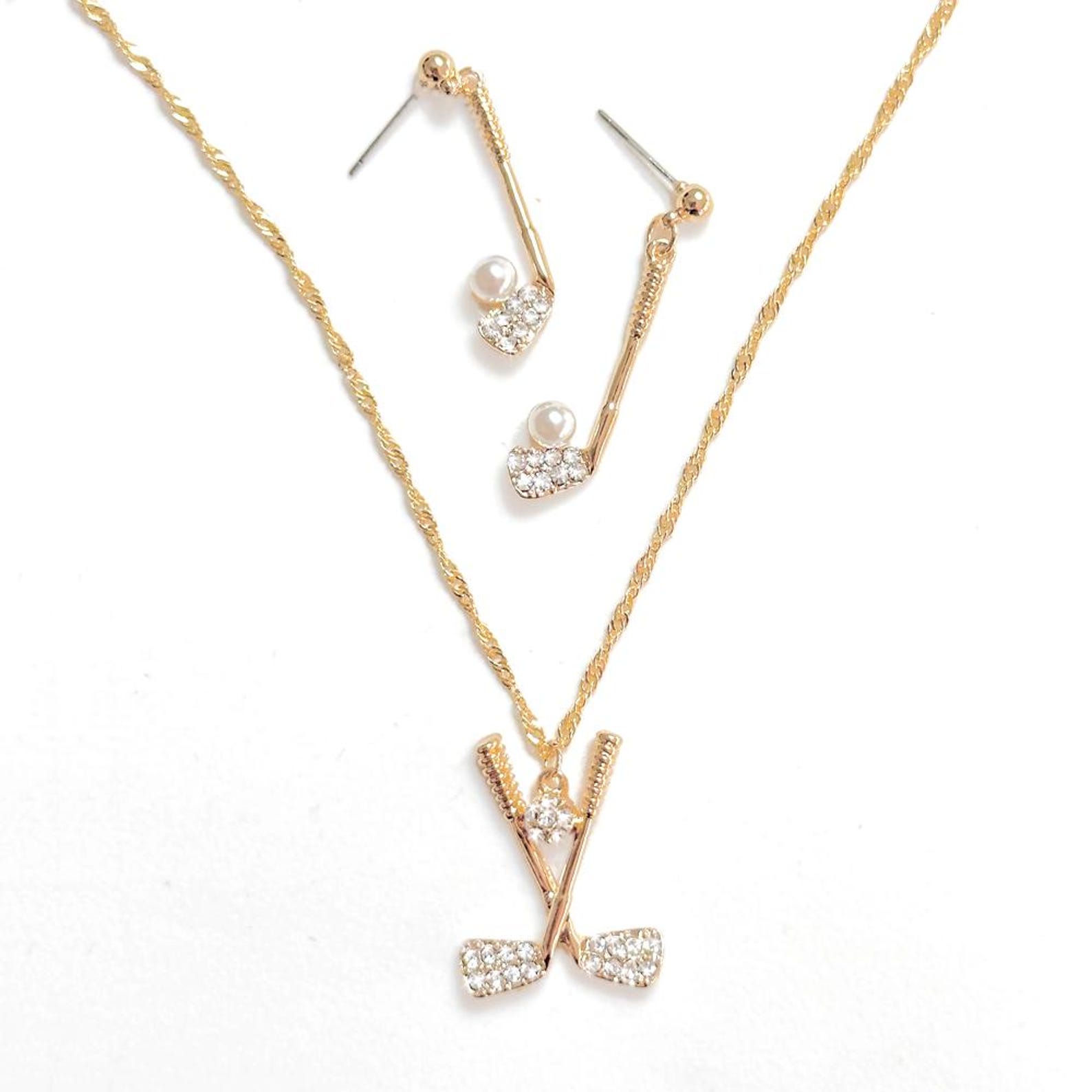 Golf Theme Jewelry - Gold Golf Club Necklace With Rhinestone Crystals ...