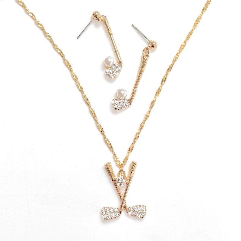 Golf Theme Jewelry - Gold Golf Club Necklace With Rhinestone Crystals ...