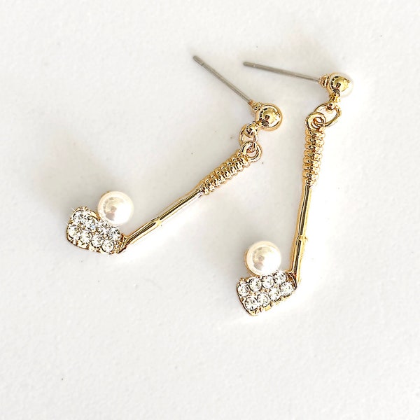 Golf Theme Jewelry - Gold Golf Club Earrings with Rhinestone Crystals and Pearl Golf Ball