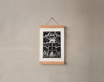 A5 Linocut Print | Lighthouse | Wall Art | Home Decor | Handmade Print