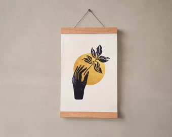 A4 Linocut Print | Holding Lupin Leaves - Gold | Botanical and Nature | Handmade Print