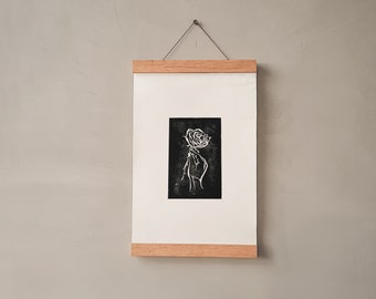 Linocut Print | Holding a Rose | Handmade Print