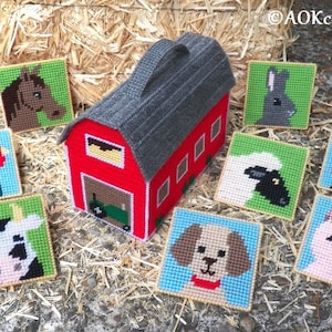 May include: A red barn with a gray roof and a green tractor inside. There are eight colorful squares with different farm animals on them, including a horse, rooster, cow, sheep, rabbit, cat, dog, and pig.