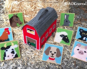 Plastic Canvas - Kids Farm Animals Memory Game Toy with Barn Carry Case