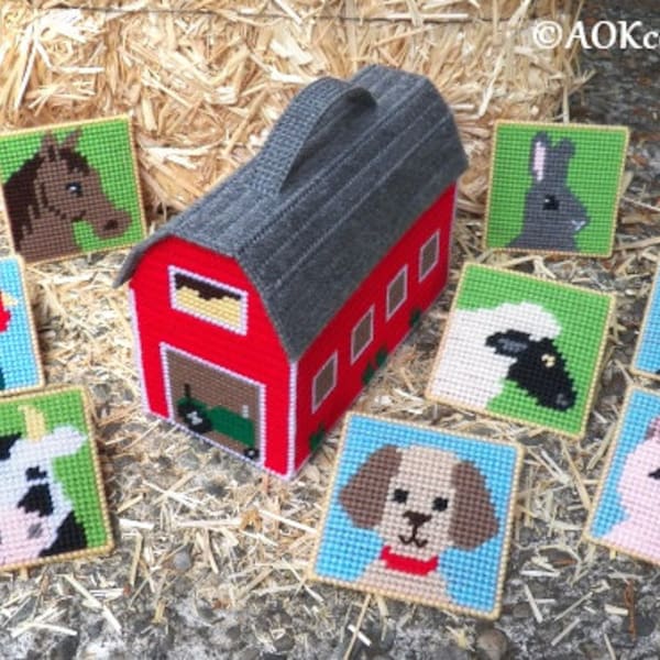 Plastic Canvas - Kids Farm Animals Memory Game Toy with Barn Carry Case