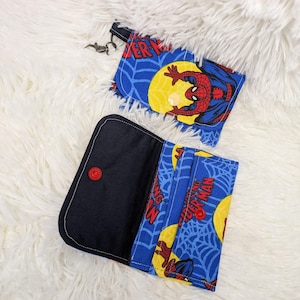 Cartera pequeña hecha a mano con diseño de araña de cómic, cartera para hombre, cartera para niños, tarjetero.