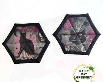 Black Cats Spellbound Hexagon Fabric Coasters, Set of 2 Coasters, Coasters Set, Hexagon Coasters, Fandom coasters