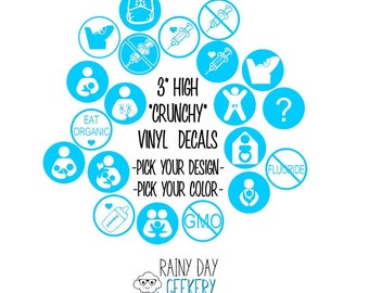 Crunchy parent vinyl decals - 3&quot; Pick your design and color - crunchy parenting - cloth diapering, breastfeeding, baby wearing, cosleeping