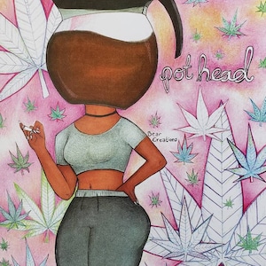 May include: A cartoon illustration of a person with a coffee pot for a head, wearing a grey crop top and black trousers. The background is pink with green and white marijuana leaves. The text "pot head" is written in black cursive.