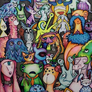 Trippy monster party Drawing Illustration art print 4x6 5x7 8x11