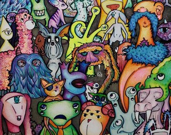 May include: A colorful illustration featuring a variety of whimsical creatures with multiple eyes, horns, and other unique features. The creatures are drawn in a cartoon style and are arranged in a chaotic but playful manner.