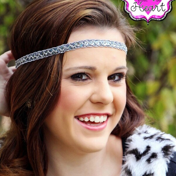 Silver Boho Headband - Bohemian Headband - Sequin Boho Headband - Forehead Headband - Halo Headband - Adult Boho Headband - Hippie Headband