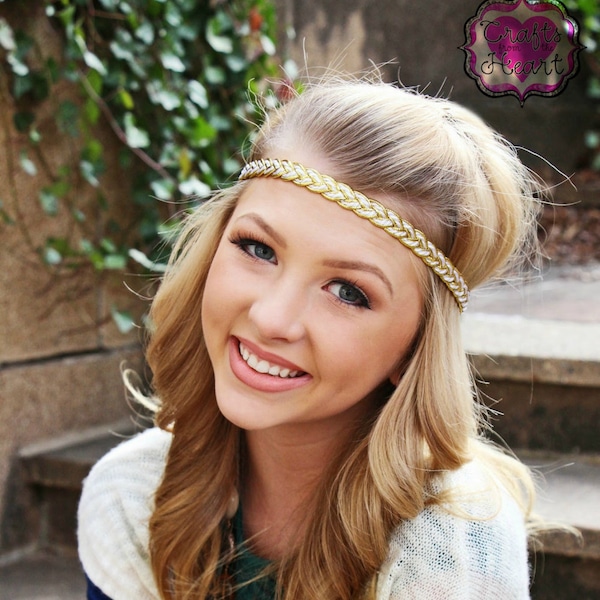 Boho Headband - Gold White Braided Headband - Hippie Headband - Bridal Headband - Boho Headband - Halo Headband - Adult Headband