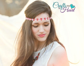 Flower Boho Headband - Red & White Boho Headband - Bohemian Headband - Hippie Headband - Flower Halo Headband - Forehead Headband - Women