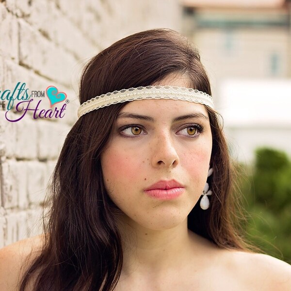 Ivory Pearl Lace Boho Headband - Boho Headband - Bohemian Headband - Bridal Headband - Hippie Headband - Halo Headband - Wedding Headband