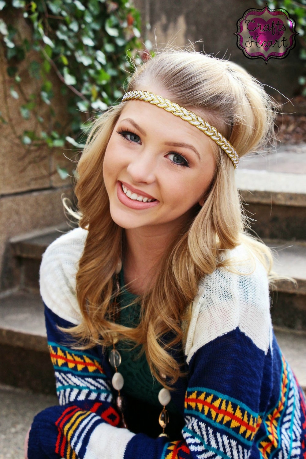 Boho Headband - Gold White Braided Headband - Hippie  display picture 2