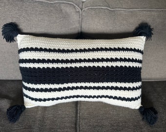 Boho style black and white striped lumbar pillow