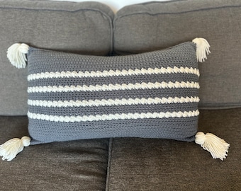 Boho style gray and white striped lumbar pillow