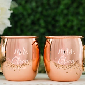 Personalized Moscow Mule Copper Mugs Wedding Gift Set of TWO Engraved Round Custom Copper Mug, Engagement Gift, Cocktail Glass, Home Bar image 1