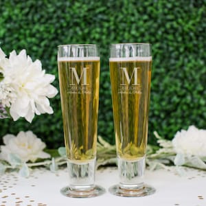 Personalized Couples Wedding Beer Glasses (Set of TWO) Custom Engraved Katrina Tall Beer Pilsners, Custom Wedding Glasses, Engagement Gift