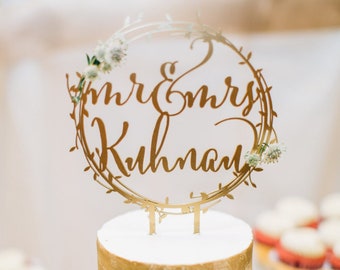 Personalized Mr & Mrs Rustic Gold Wreath Wedding Cake Topper - Custom Laser Cut Wood Cake Topper, Engagement, Traditional Cake Decoration