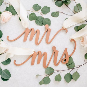 Mr & Mrs Wedding Chair Signs (Set of TWO) 12" x 5" Wood Sweetheart Table Sign, Engagement Party Event, Anniversary Decor, Feminine Design