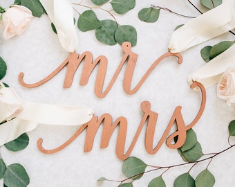 Mr & Mrs Wedding Chair Signs (Set of TWO) 12" x 5" Wood Sweetheart Table Sign, Engagement Party Event, Anniversary Decor, Feminine Design