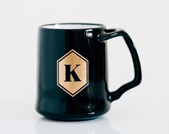 Custom Engraved Monogram Black Coffee Mug - Geometric Custom Mug, Personalized Mug, Personalized Gift, Birthday Gift, Dansk Black Mug