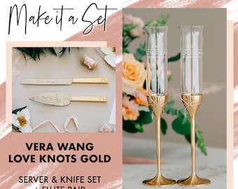 Personalized Vera Wang Love Knots Gold Knife & Server with Toasting Glasses Set, Custom Engraved Wedding Server with Champagne Flute Package