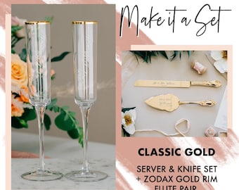 Personalized Classic Gold Cake Knife & Server Set with Gold Rim Toasting Flutes Set - Custom Engraved Wedding Server and Champagne Flute