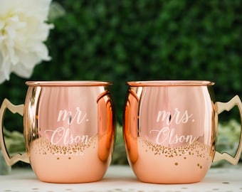 Personalized Moscow Mule Copper Mugs Wedding Gift (Set of TWO) Engraved Round Custom Copper Mug, Engagement Gift, Cocktail Glass, Home Bar