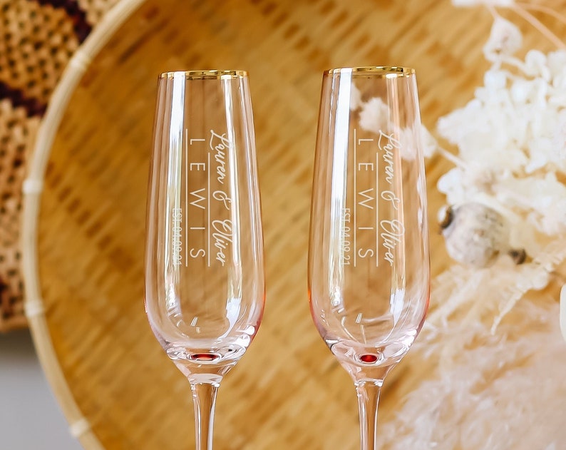 Personalized Gold Rim Rose Tinted Crystal Champagne Flute (Set of TWO) Custom Engraved Light Pink Toasting Flutes, Bride Groom Wedding Gift