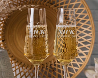 Personalized Angled Toasting Flutes (Set of TWO) Custom Engraved Viski Crystal Champagne Glasses, Modern Elegant Bride & Groom Wedding Gift