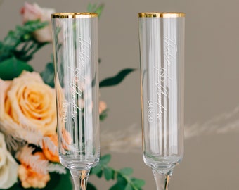 Personalized Gold Rim Custom Wedding Toasting Glasses (Set of TWO) Pair Engraved Zodax Tall Champagne Flutes, Engagement, Anniversary Gift