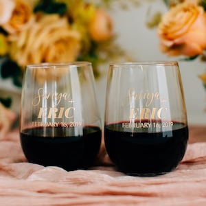 Personalized Couples Wedding Stemless Wine Glasses Set of TWO Custom Engraved Wine Glasses, Personalized Anniversary Gift, Engagement Gift image 1