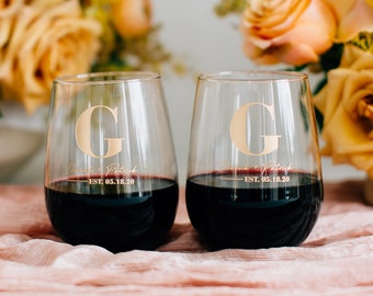 Personalized Stemless Wine Glasses (Set of TWO) Custom Engraved Wine Glass, Personalized Wedding Gift, Bridal Shower Gift, Engagement Gift