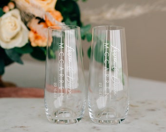 Personalized Lenox Stemless Champagne Glasses (Set of TWO) Custom Engraved Crystal Modern Toasting Flutes, Couples Wedding Gift