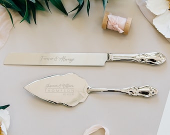 Personalized Silver Wedding Cake Knife and Server Set (2pc) Engraved Classic Silver Serving Set, Custom Wedding Gift, Engagement Gift